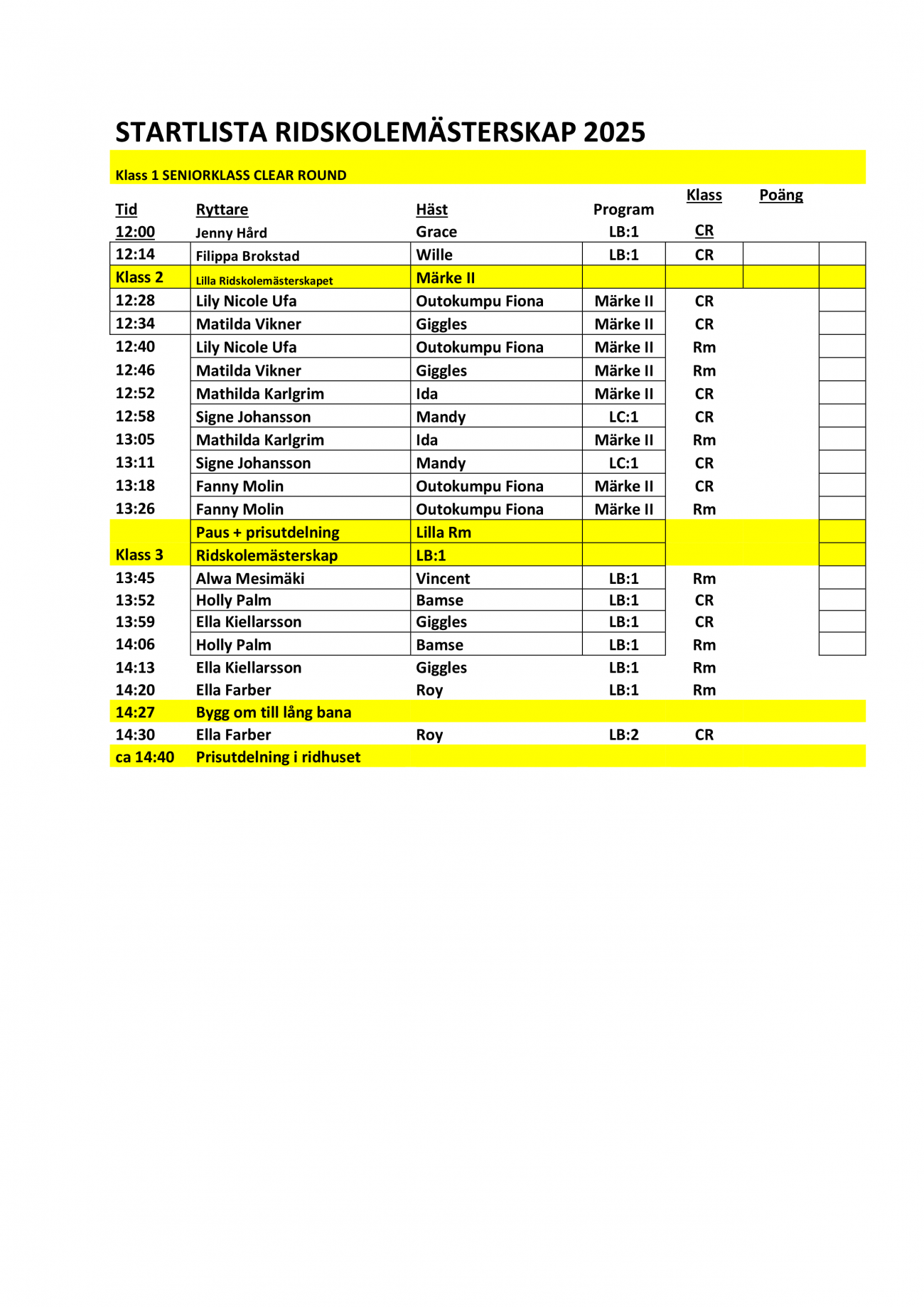 STARTLISTA RIDSKOLEMÄSTERSKAP 2025