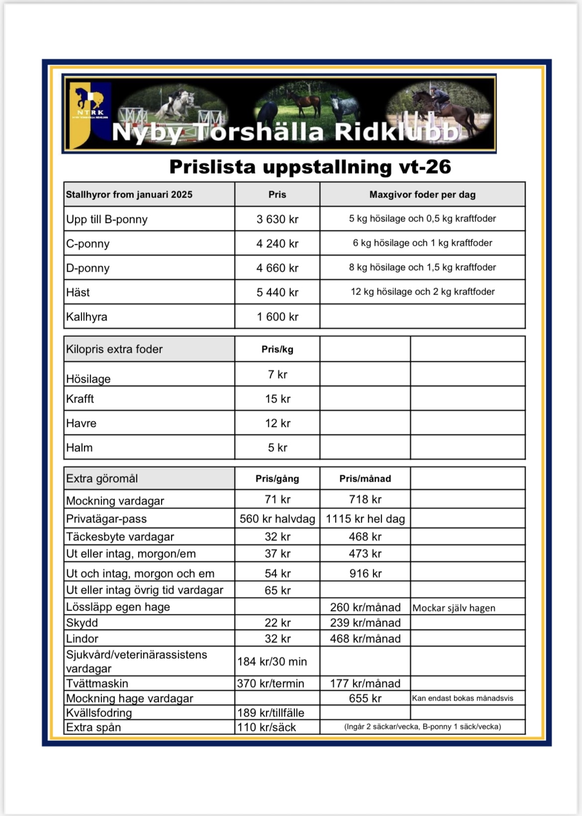 Prislista uppstallning hemsida